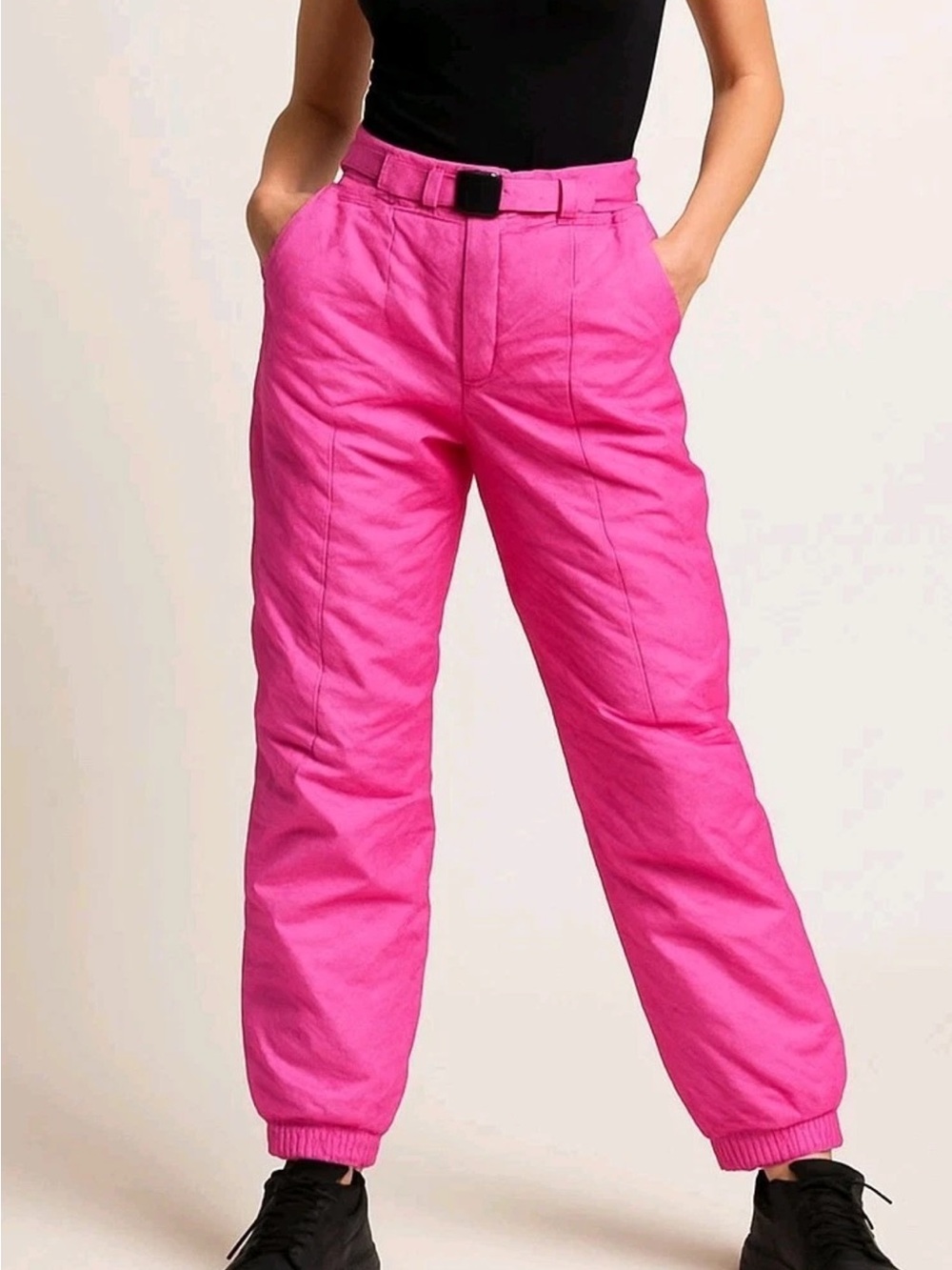 Vtg 80s Barbie Pink Ski Pants Women 12 28 Snow Suit Belted Magenta Retro Nylon